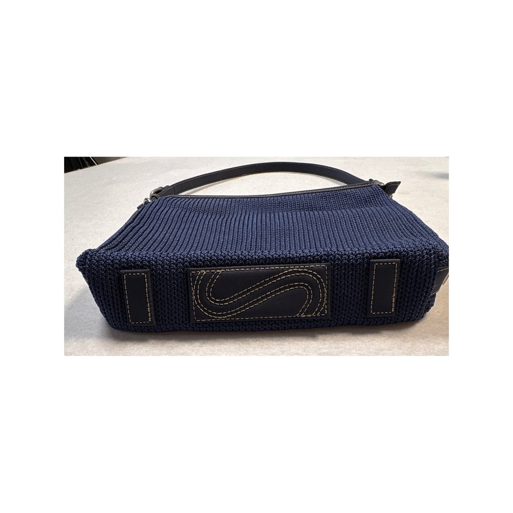 The Sak Navy Blue Crochet Shoulder Bag Zip Top Hobo Purse Harlequin Lining - Picture 5 of 10